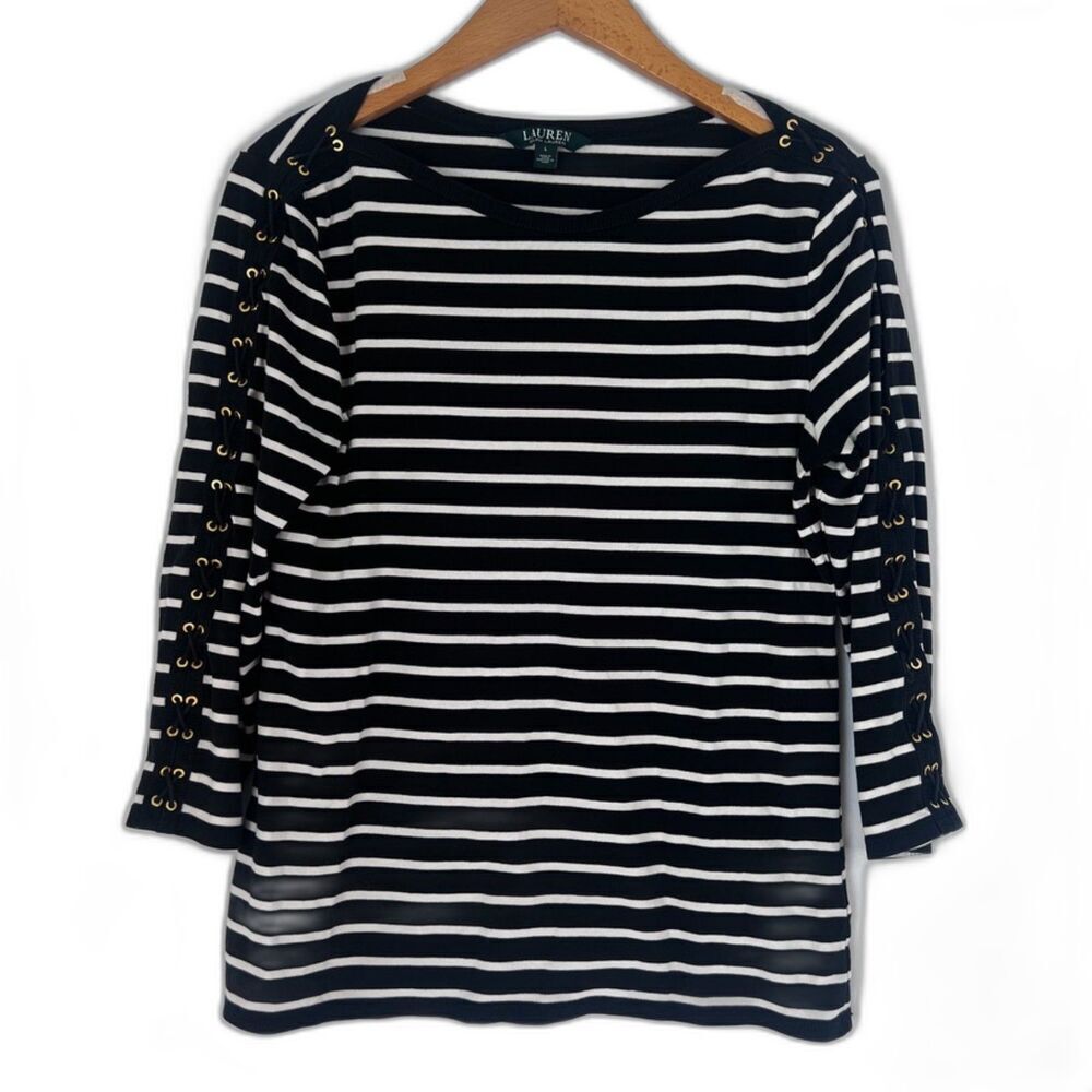 Lauren Ralph Lauren Black White Striped 3/4 Lace Up Sleeve Boatneck Top Sz Large